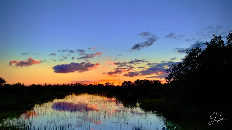 Orange, pink, and blue sunset clouds reflected in still wetland water.