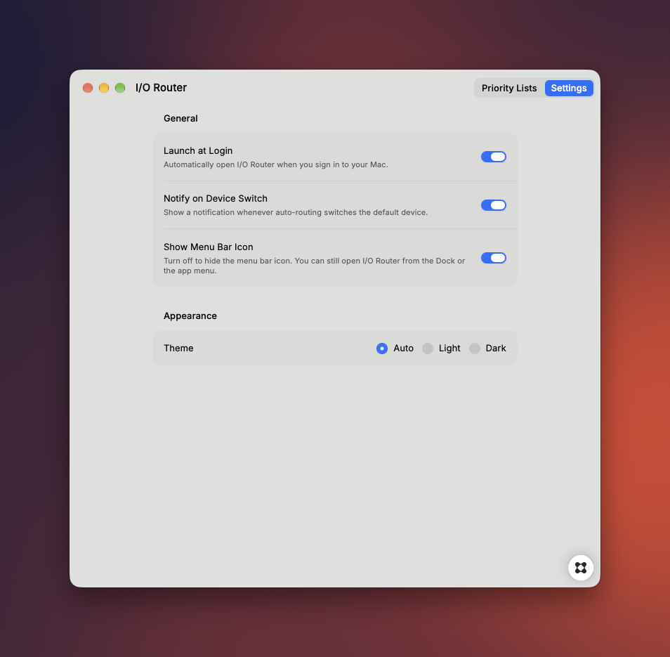 I/O Router settings: launch at login, device-switch notifications, menu bar visibility, and Auto, Light, or Dark appearance.